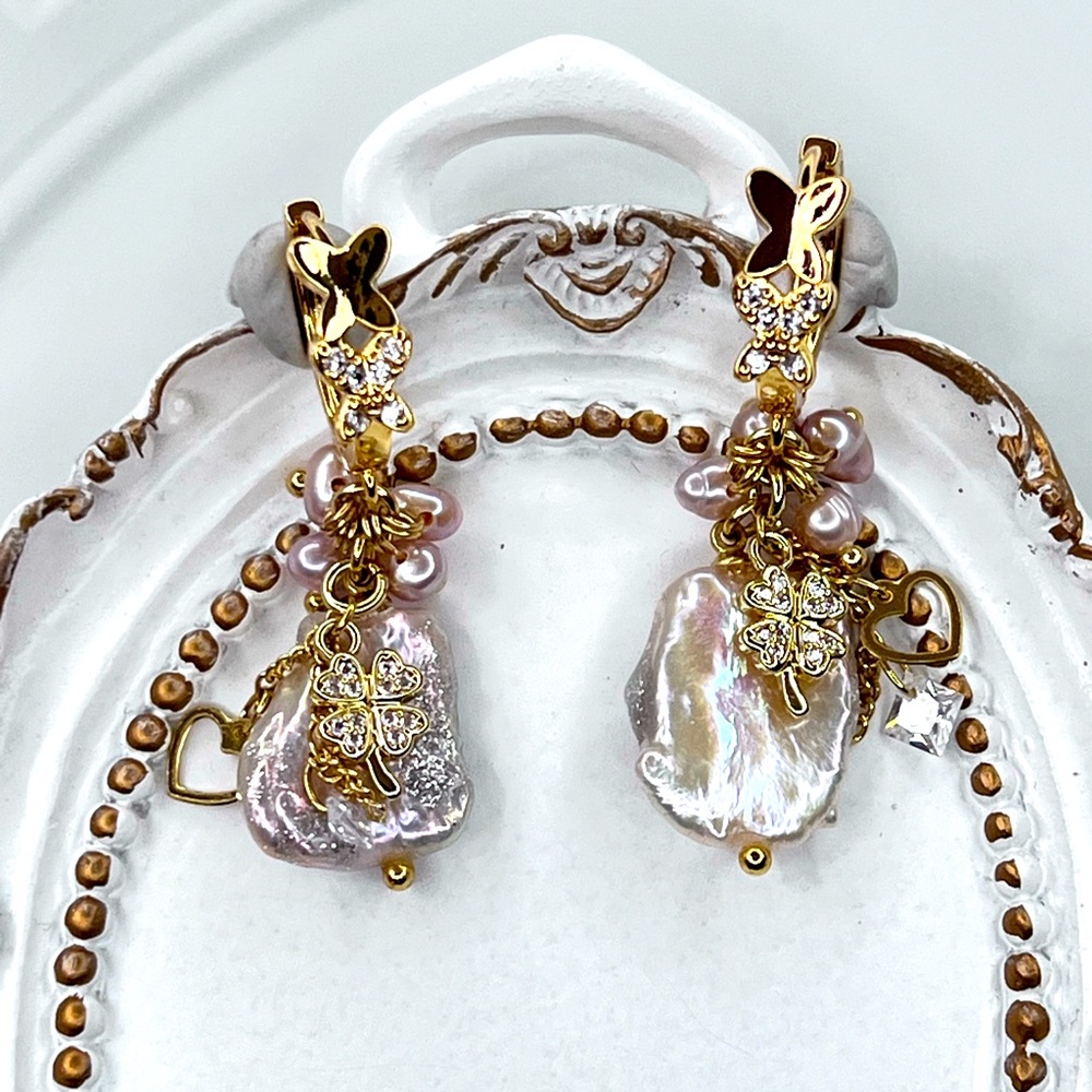 🎀 Handmade Freshwater Keshi Pearl Crystal Earrings S925 SS Posts Gold Plated